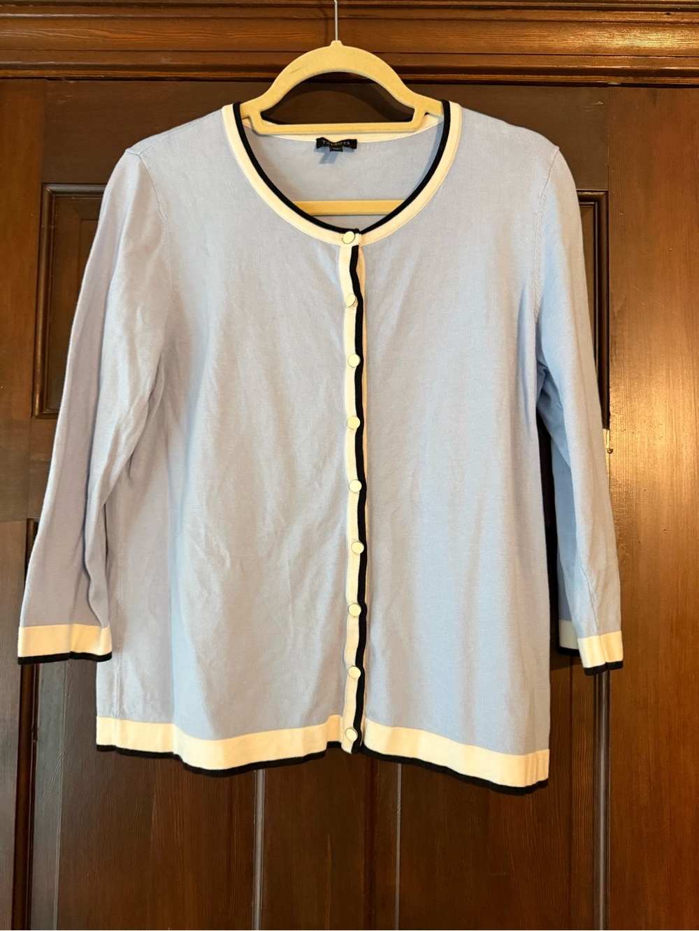 Talbots Light Blue Cardigan with Cream and Black Trim